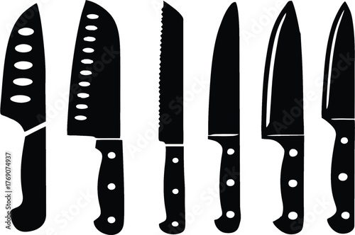 Vintage knives icons. Meat knife, fork, Butcher chef knife. Kitchen Knives Including Chef Paring and Bread Knives Displayed on a Clean White Background. EPS 10