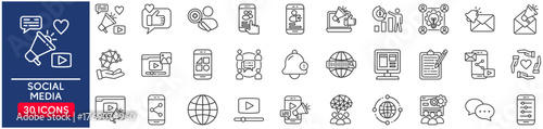 Social Media Web Icon Set in Line Style. vector illustration concept relate to share, censoring, news, comment, communication, profile, app, buttons, graphic, marketing