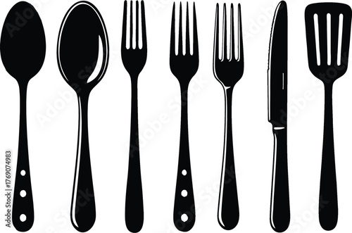 Cutlery set on white background. Tableware such as spoon, knife, fork silhouette. Kitchen, cuisine, cooking icon or symbol. EPS 10