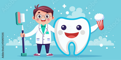 Smiling cartoon dentist with glasses standing next to happy tooth character holding toothbrush and toothpaste foam