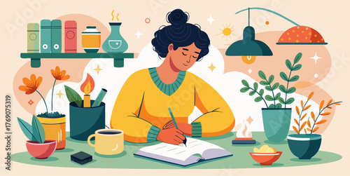 Woman writing in notebook at cozy desk surrounded by books, plants, coffee, and warm lighting in a peaceful atmosphere