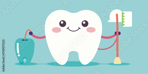 Happy cartoon tooth character holding dental floss and toothbrush next to a decayed tooth on blue background