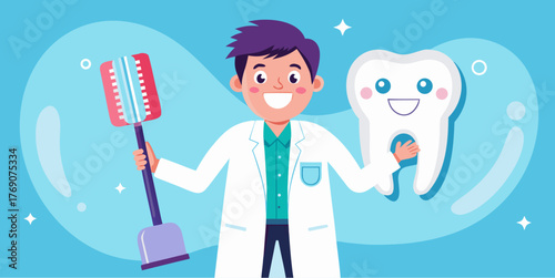 Smiling cartoon dentist holding a giant toothbrush and a happy tooth character on blue background with sparkles