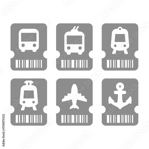 Subway, train station ticket vector icon set. Marine port, airport and bus station tickets icons.