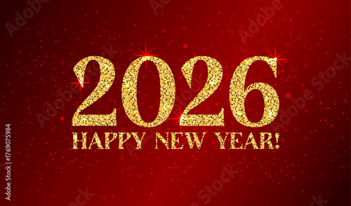 2026 Happy New Year glitter golden numbers. Shiny glowing 2026 on red background with gold decorative sparkling elements. Festive banner, greeting card, print design