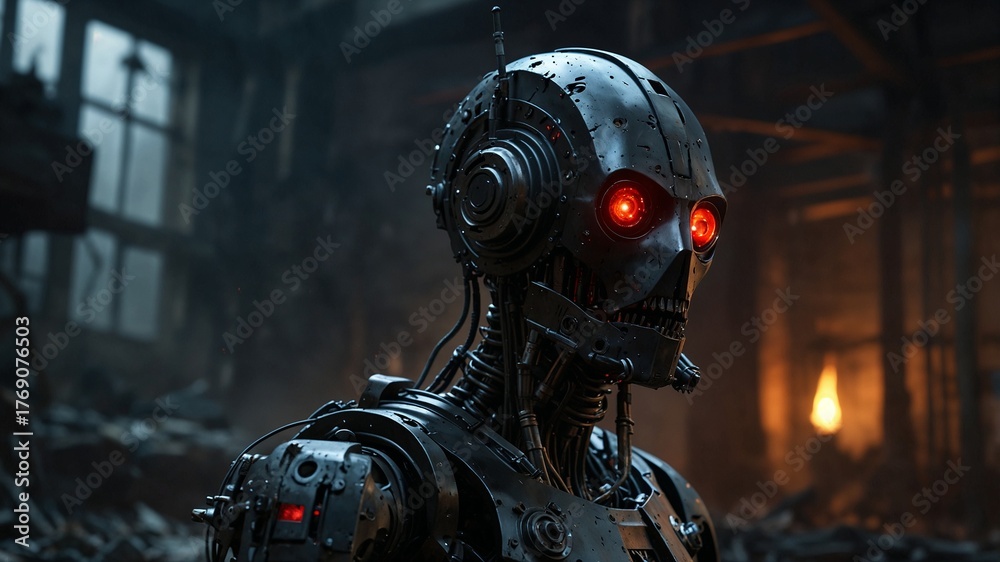 Fototapeta premium Humanoid robot awakes from deep sleep in a junkyard surrounded by discarded technology and industrial remnants in a dramatic futuristic scene filled with tension and rebirth