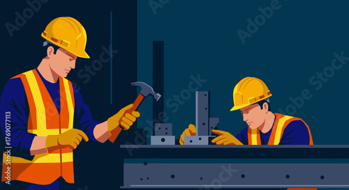 Skilled male workers wearing protective hard hats and reflective safety vests diligently perform industrial tasks, showcasing teamwork and safety in a modern workshop setting.