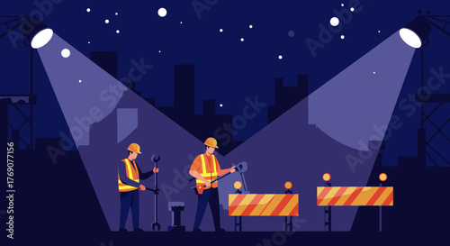 Two diligent construction workers illuminate a night-time urban job site with powerful spotlights, ensuring safety and progress on infrastructure development.