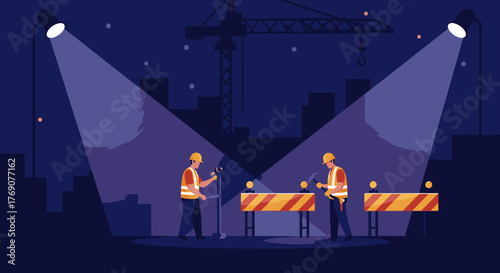 Dedicated construction workers illuminate a nighttime urban building site with powerful spotlights, diligently managing safety barriers against a city backdrop.