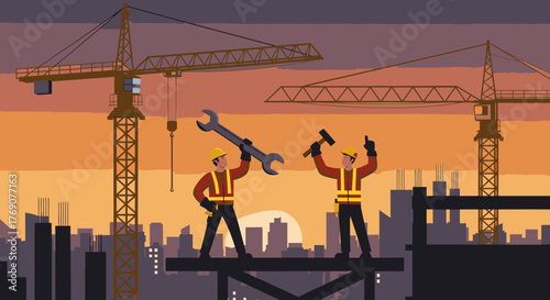 Two enthusiastic construction workers celebrate project success, holding their tools proudly amidst towering cranes and a beautiful city skyline at sunset.