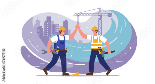 Two diligent construction workers celebrate project success with a high-five, symbolizing teamwork and achievement amidst a city build.