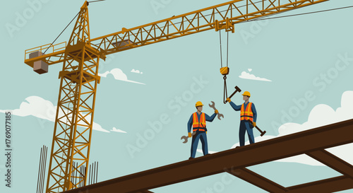 Two diligent construction workers collaborate on a towering steel structure, expertly utilizing tools beneath a massive yellow crane.