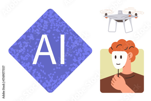 AI label represents technology, quadcopter symbolizes innovation and surveillance, person with mask highlights identity and ethics. Ideal for AI, technology, ethics, surveillance, innovation