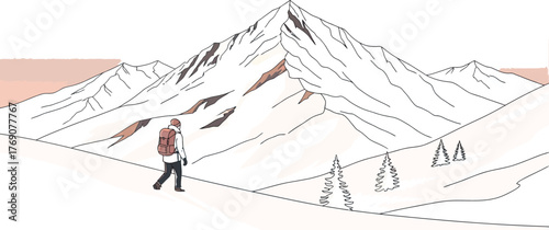 Hiker walking through a snowy mountain landscape with a backpack on a winter day