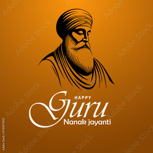 Guru Nanak Jayanti Celebration – Spiritual Portrait of Guru Nanak Dev Ji on Golden Background