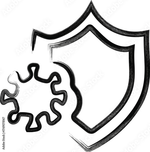 Handmade Black and White Antiviral Protection Sketch with Shield and Virus Motif