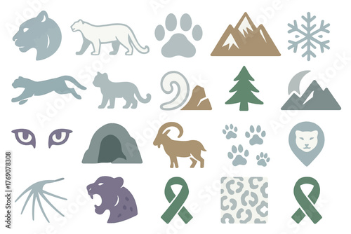 Snow Leopard Arctic Wildlife Icons with Mountains and Snowflakes