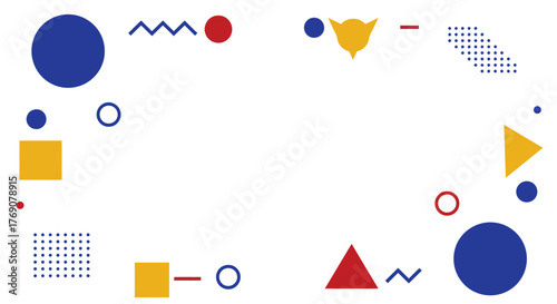Geometric Memphis Style Abstract Frame Background with Primary Color Shapes