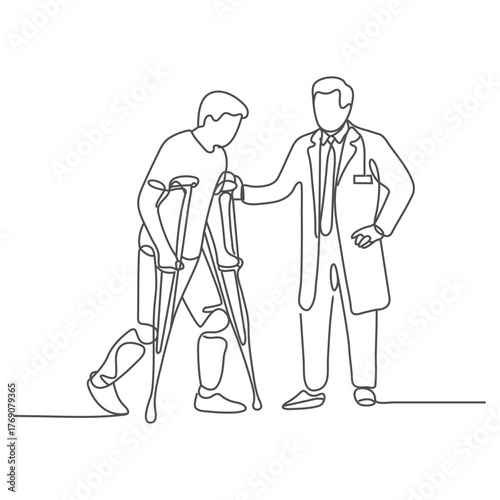 One continuous single drawing line art flat doodle doctor, patient, hospital, care, recovery, health care, empathy. Isolated image hand draw contour on a white background, hand drawn.