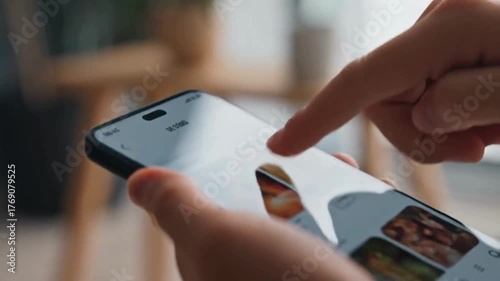 A person using a smartphone, browsing through pictures on a social network. Close-up Macro. Finger scrolling social media app feed, information search.