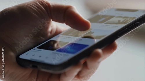 A person using a smartphone, browsing through pictures on a social network. Close-up Macro. Finger scrolling social media app feed, information search.