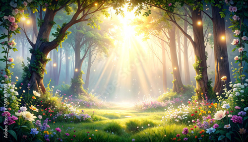 朝の木漏れ日に包まれた花咲く森。色とりどりの花と柔らかな光が織りなす幻想的な世界。自然の癒しや希望、生命の輝きを感じさせるファンタジー風景。
