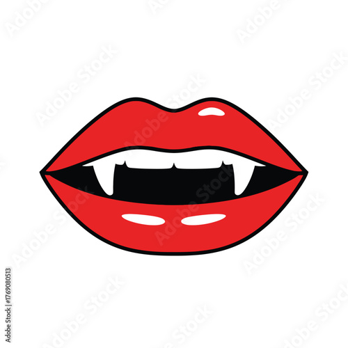 Stylized illustration of vibrant red lips revealing sharp, piercing vampire fangs, capturing a classic element of horror, fantasy, and Halloween iconography, perfect for spooky season designs
