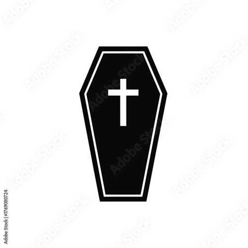 Black coffin with white cross, symbolizing death, mourning, and remembrance