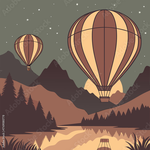 Hot air balloons fly over mountain lake at night.eps