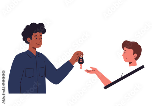 Man passing keys to another persons hand. Suitable for real estate, car rental, business transactions, handing over ownership concept.