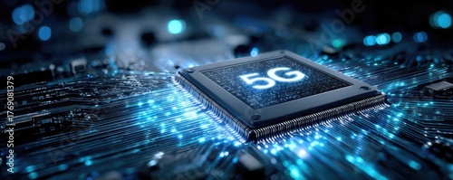 6G chip on circuit board frontier in mobile tech concept. Close-up of a 5G chip on a circuit board with glowing connections.