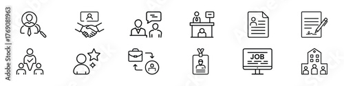 Recruitment, hiring, and job search outline icon set – candidate selection, interview, resume, onboarding, and employment process symbols