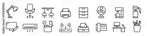 Office equipment and workspace essentials outline icon set – desk, chair, printer, lamp, air conditioner, computer, and organization symbols
