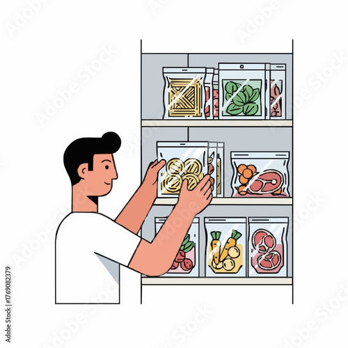 man arrange a groceries storage with food in vacuum bag	