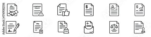 Company policy, agreement, Business documents, and legal paperwork outline icon set – contract, tax, approval, finance, and compliance symbols