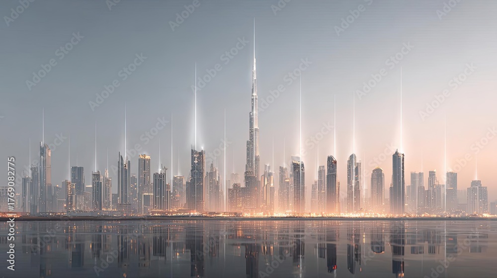 Obraz premium Light image depicting mobile network wires concept. Captivating skyline view showcasing modern skyscrapers at dusk.