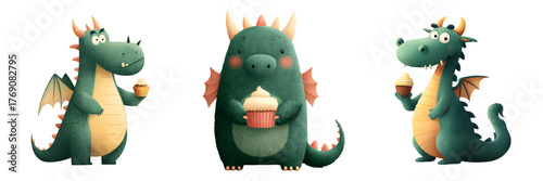 Watercolor cute dragons with cupcakes, clipart set on transparent background