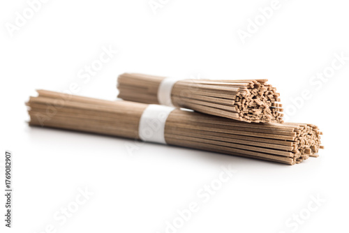 Buckwheat soba noodles isolated on white background.