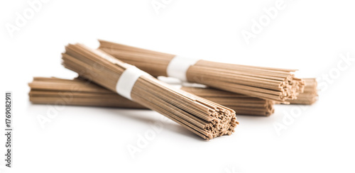 Buckwheat soba noodles isolated on white background.