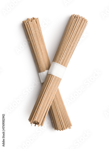 Buckwheat soba noodles isolated on white background.