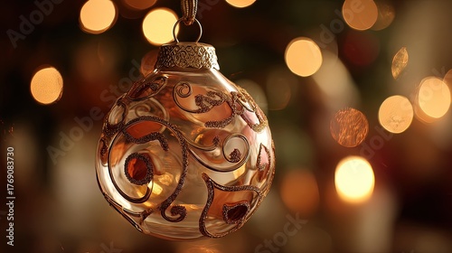 A website hero image Christmas concept features a single glowing ornament floating against a blurred background of cozy indoor lights with copy space on the left and a magical atmosphere