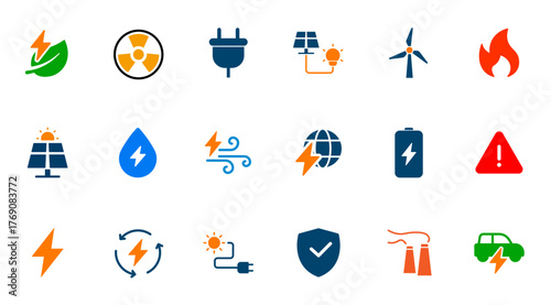 Energy themed icon set, with solid vector icons of green energy, electricity, battery, charging.