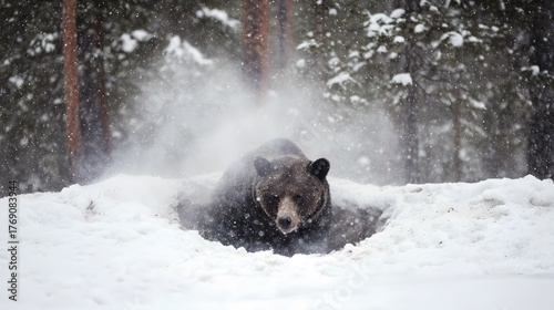 A brown bear emerging from a snowy den, its breath visible in the cold air.