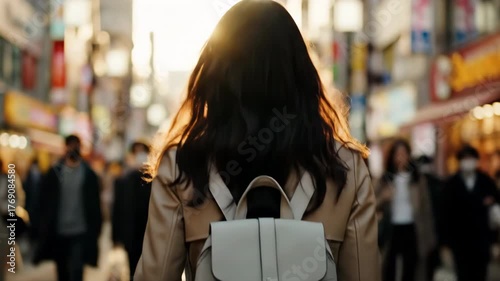 Back view of a woman walking through the city in the morning sunlight