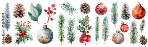 Watercolor Christmas decor elements set with pine trees, branches, cones, toys, gifts hand drawn illustrations for winter holidays celebration cards clip art