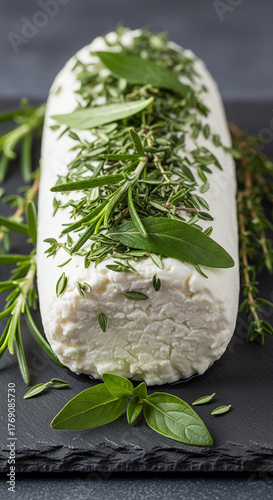 Fresh Goat Cheese Log Topped with Rosemary and Thyme Herbs fresh cheese dairy