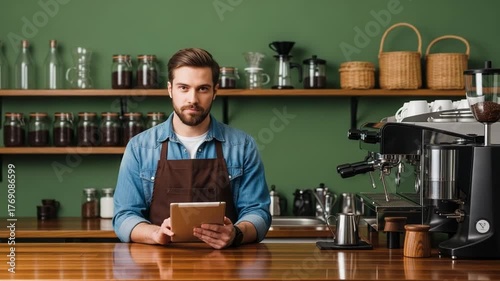 Barista using tablet in coffee shop, checking orders