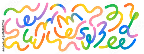 Rainbow wave line set. Abstract liquid swirl shapes with gradient flow for modern kid designs. Squiggly vector elements.