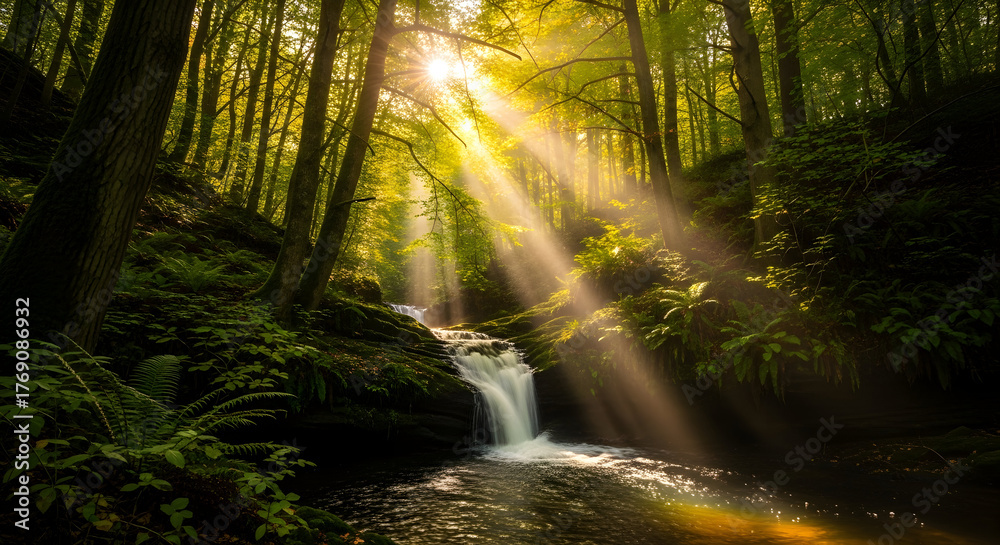 Obraz premium Sunlit Forest Waterfall: Enchanted Creek with Dappled Light Through Tall Trees