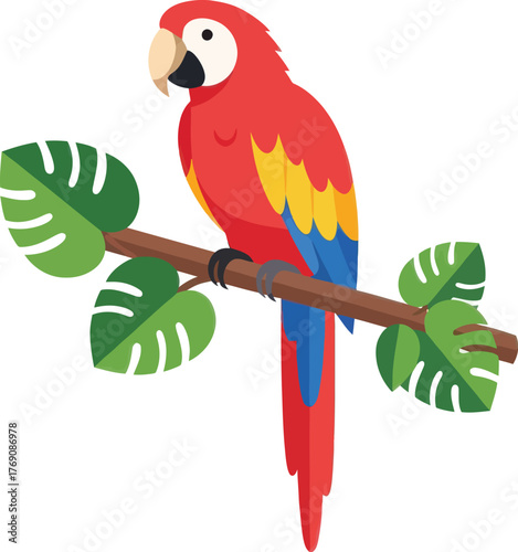 Colorful Parrot on Tropical Tree Branch – Vibrant Bird Illustration for Nature, Jungle, and Wildlife Themes